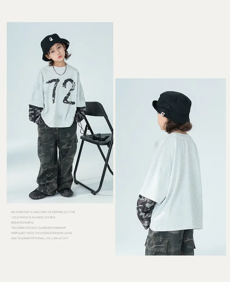 Boys Fake Two-Piece Long Sleeve T-Shirt Grey Camo Pants Set — feature 7