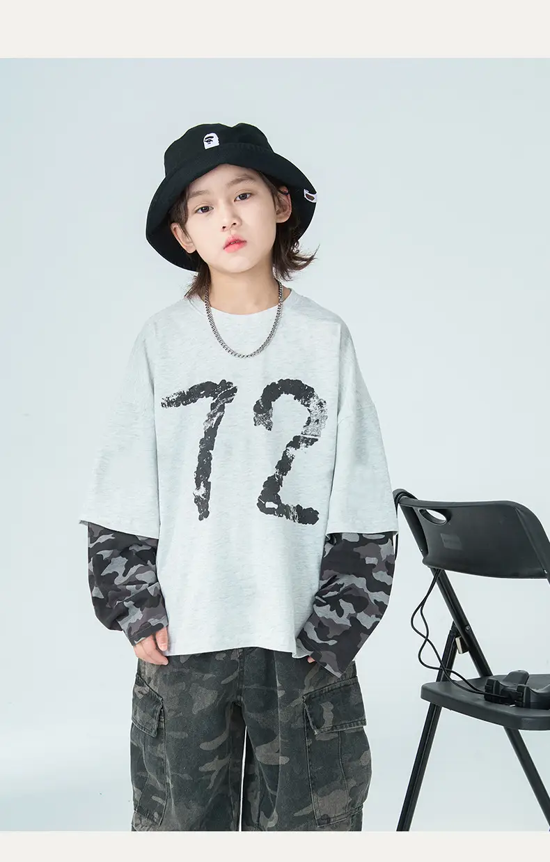 Boys Fake Two-Piece Long Sleeve T-Shirt Grey Camo Pants Set — feature 8