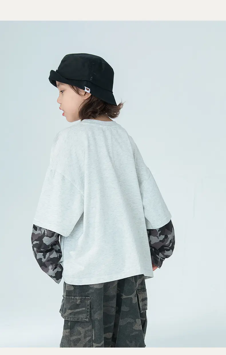 Boys Fake Two-Piece Long Sleeve T-Shirt Grey Camo Pants Set — feature 9
