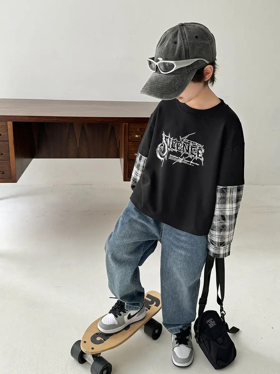 Boys Spring Clothing Fake Two-Piece T-Shirt Korean Style - Image 4