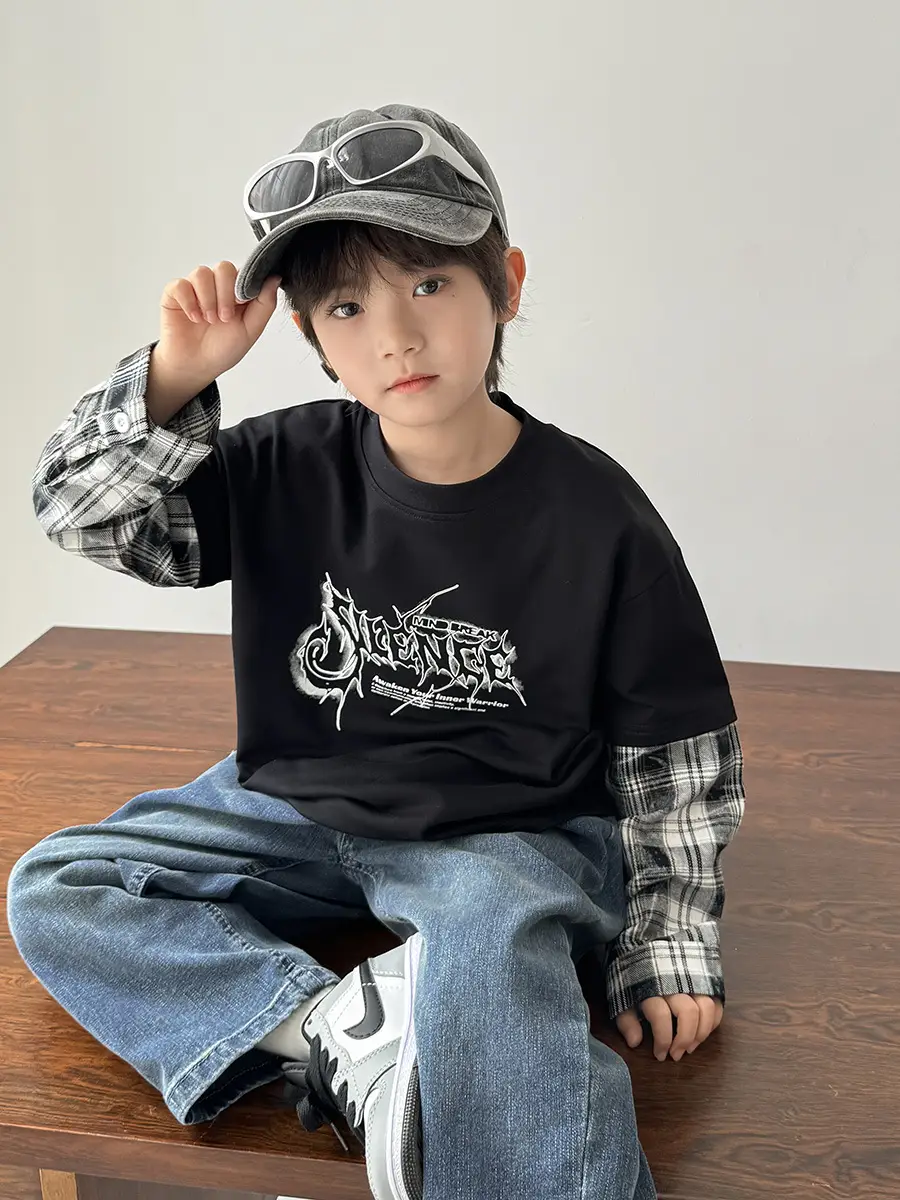 Boys Spring Clothing Fake Two-Piece T-Shirt Korean Style - Image 5