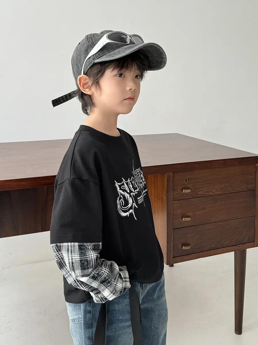 Boys Spring Clothing Fake Two-Piece T-Shirt Korean Style - Image 6
