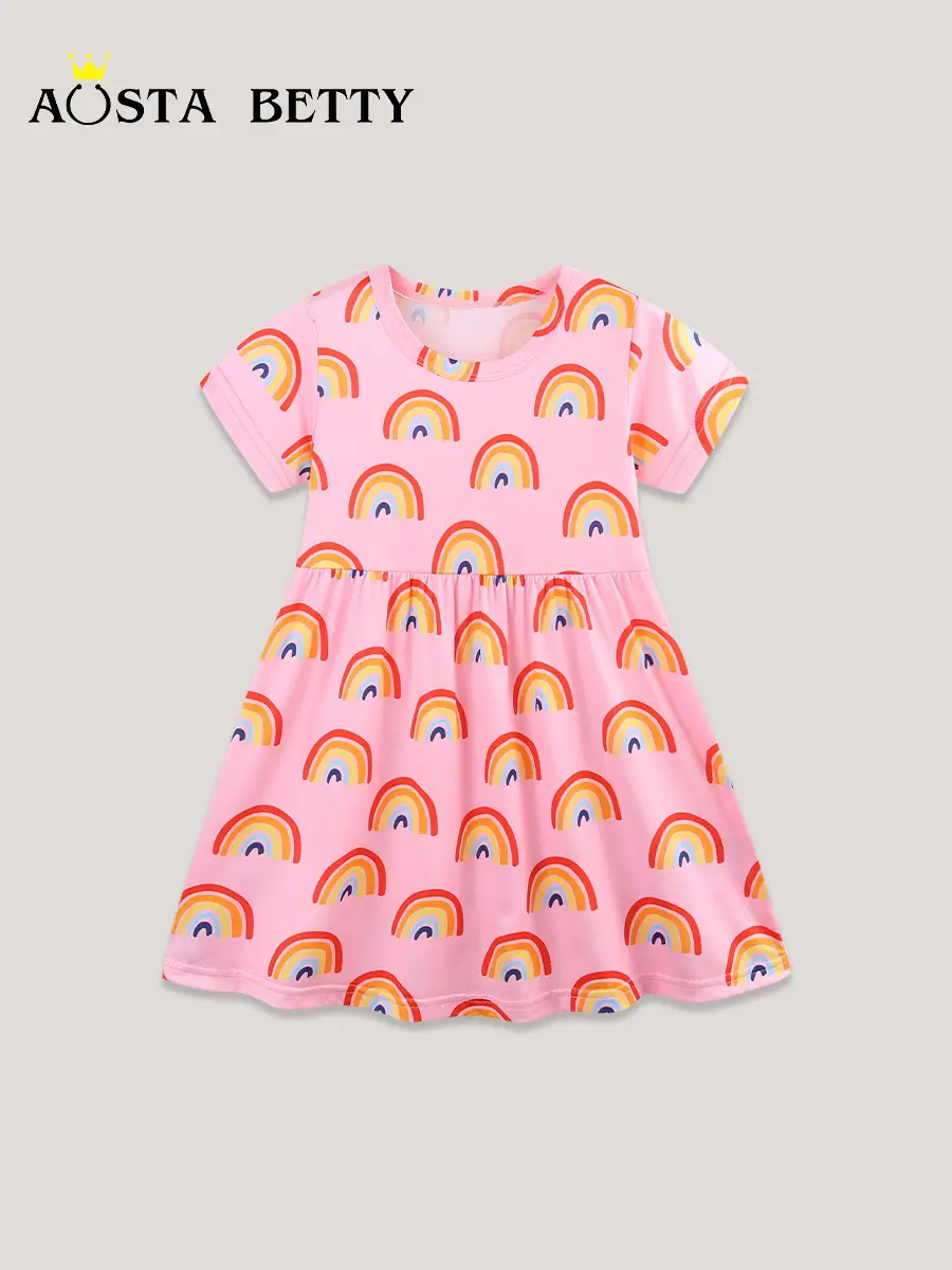 Pink Rainbow Print Girls Dress Summer Short Sleeve - Image 3