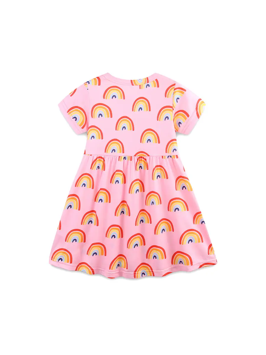Pink Rainbow Print Girls Dress Summer Short Sleeve - Image 4