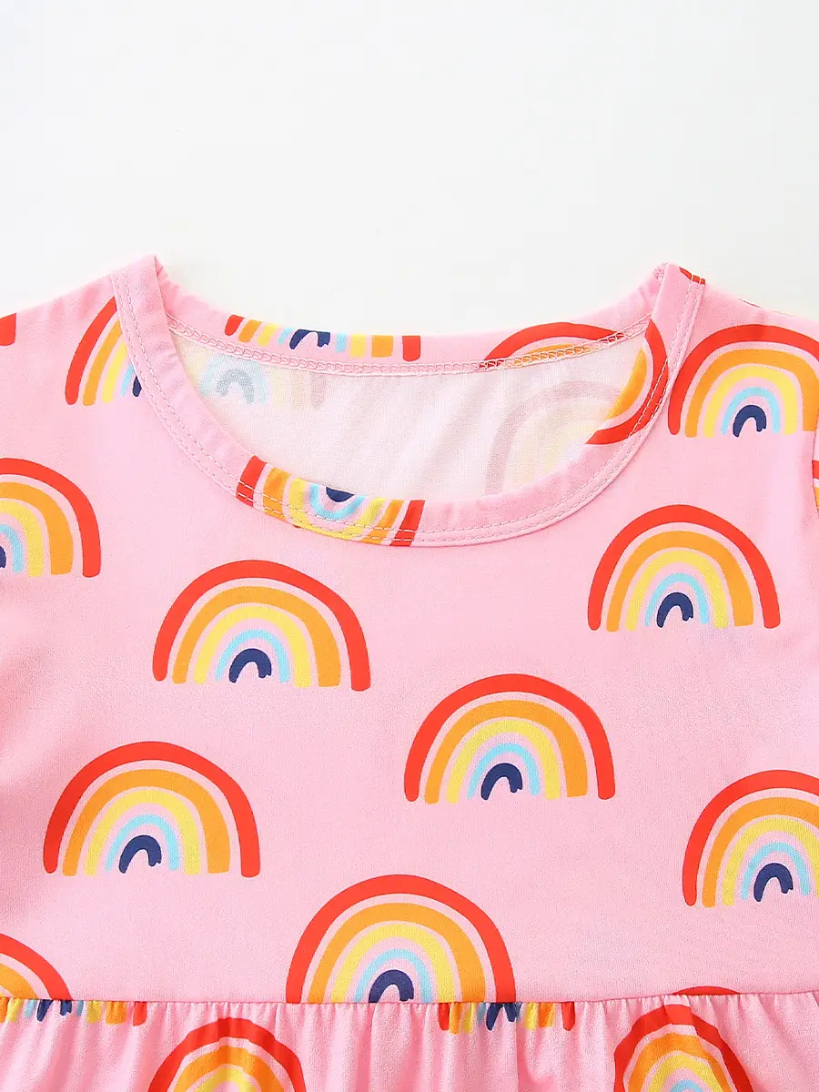 Pink Rainbow Print Girls Dress Summer Short Sleeve - Image 6