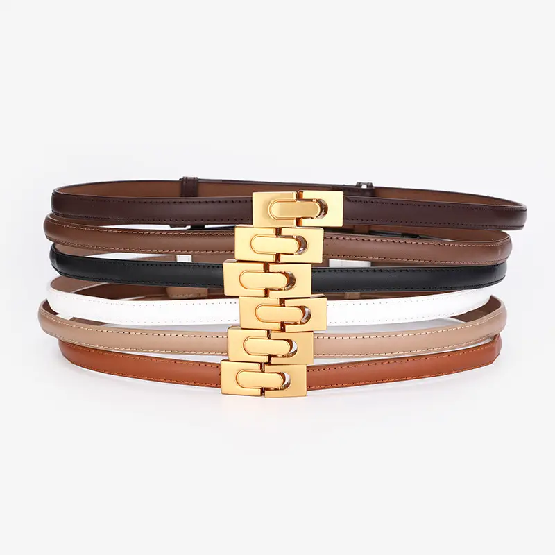 Women's Genuine Leather Thin Belt with Gold Buckle - Image 11