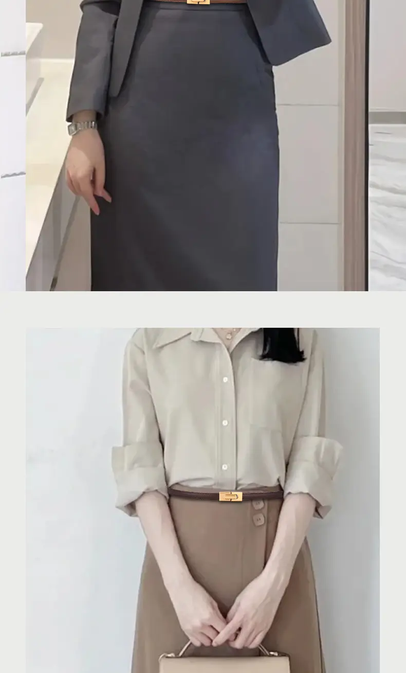 Women's Genuine Leather Thin Belt with Gold Buckle — feature 5