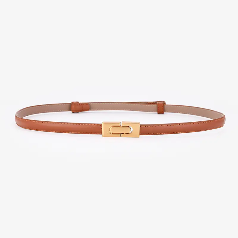Women's Genuine Leather Thin Belt with Gold Buckle - Image 2