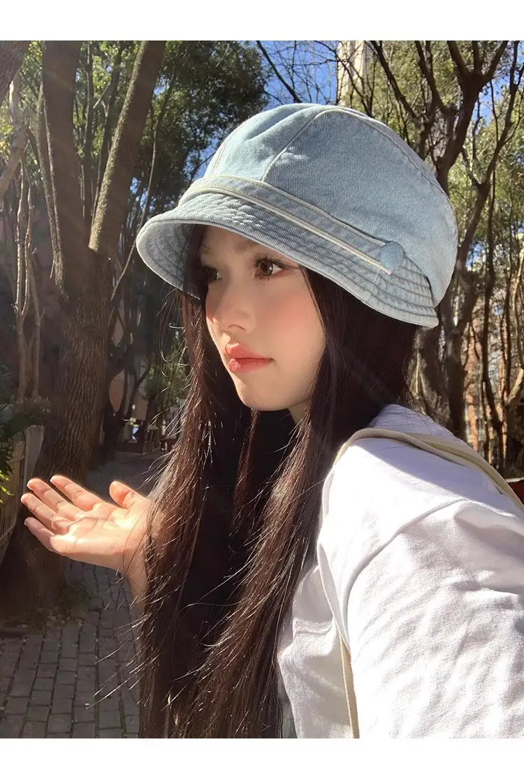 Women Japanese Retro Denim Bucket Hat Small Head Circumference Duckbill Cap — feature 10