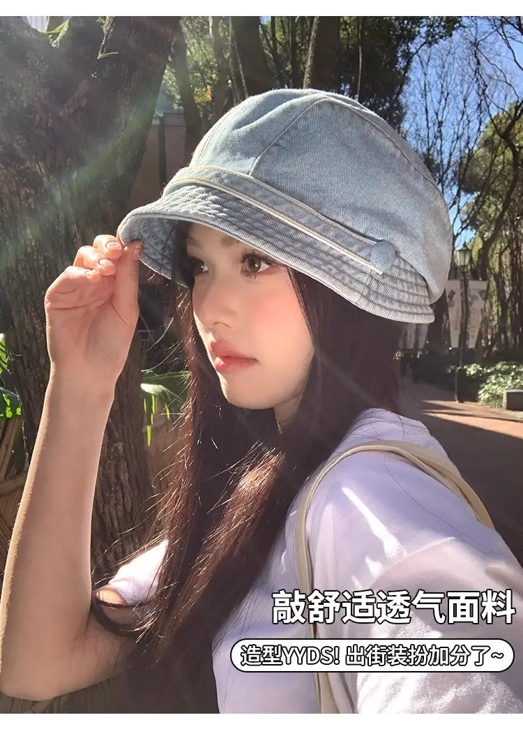 Women Japanese Retro Denim Bucket Hat Small Head Circumference Duckbill Cap — feature 7