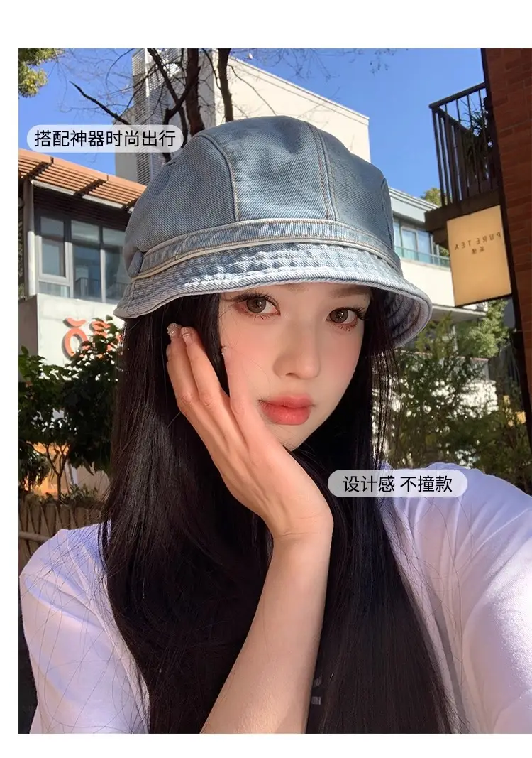 Women Japanese Retro Denim Bucket Hat Small Head Circumference Duckbill Cap — feature 8