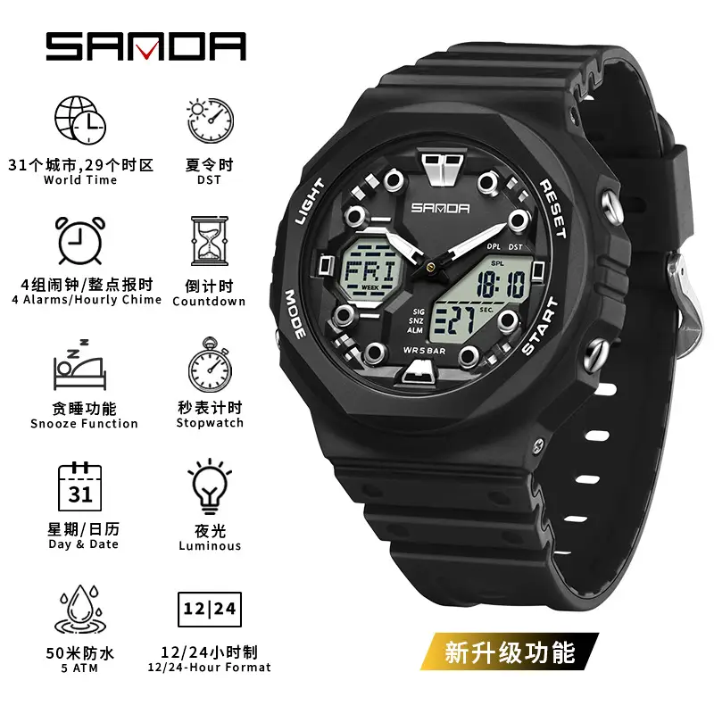 Sanda Black Digital Chronograph Watch for Men Women - Image 12