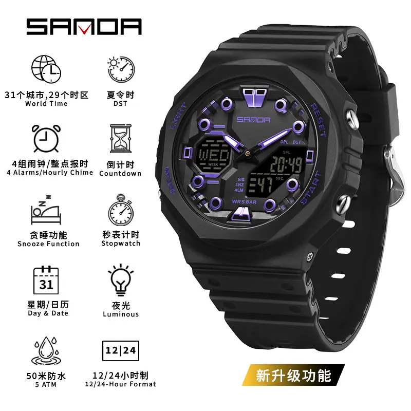 Sanda Black Digital Chronograph Watch for Men Women - Image 13