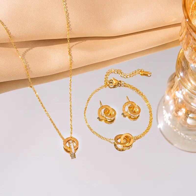 European American Retro Double Ring Set with Full Diamond Pendants