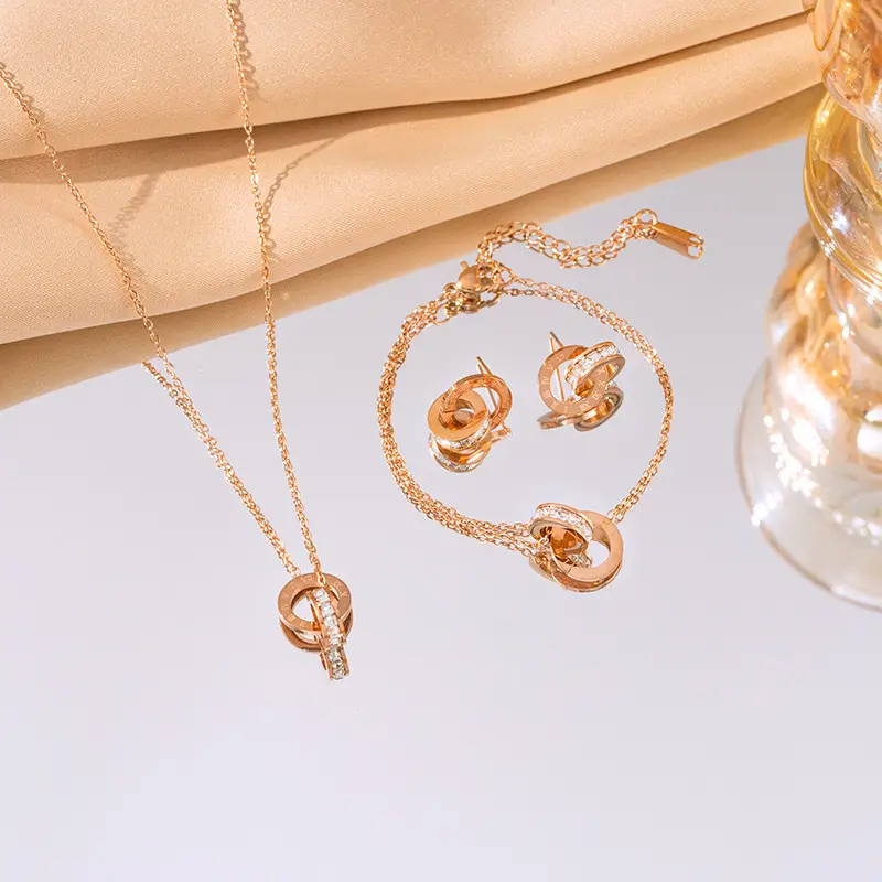 European American Retro Double Ring Set with Full Diamond Pendants