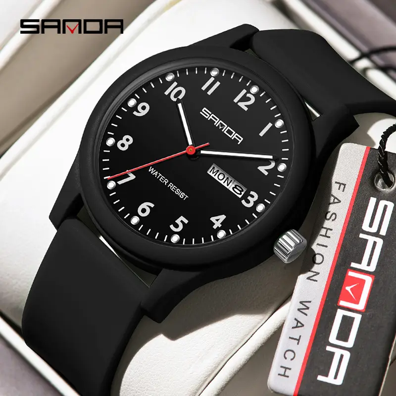 Sanda Black Silicone Student Watch with Double Calendar - Image 11