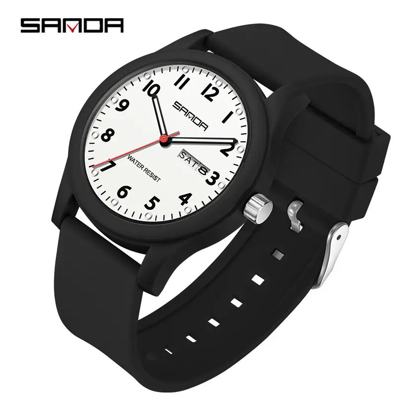 Sanda Black Silicone Student Watch with Double Calendar - Image 2