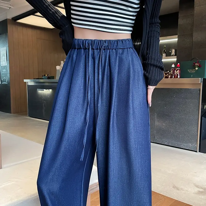 Dark Blue Wide Leg Tencel Jeans Women Summer