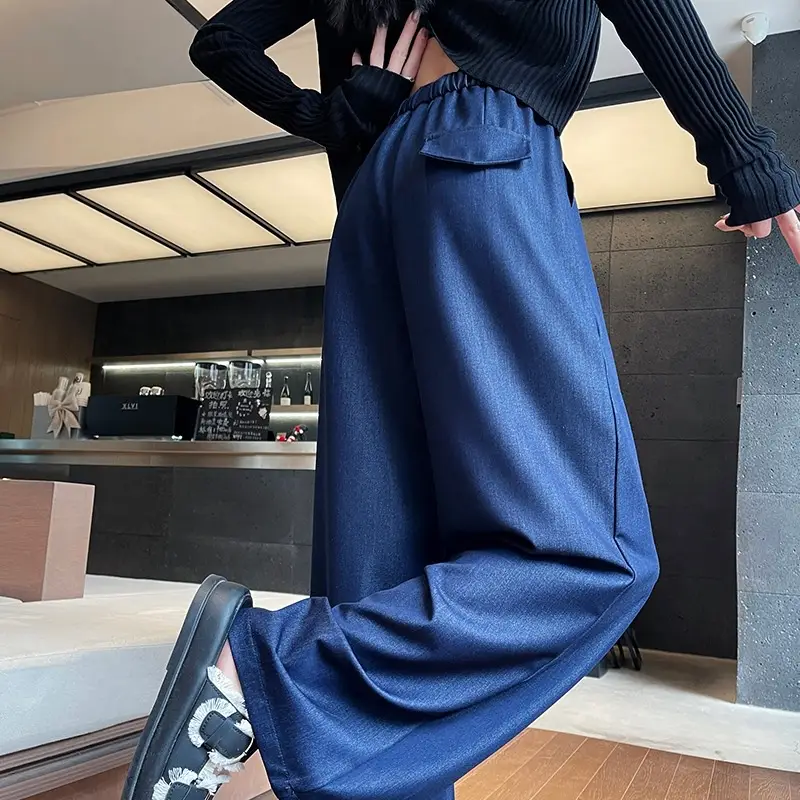 Dark Blue Wide Leg Tencel Jeans Women Summer