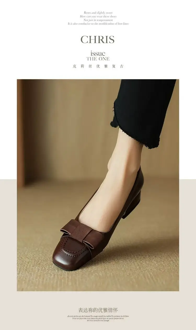French Style Fragrant Style Color-matching Leather Shoes Women's 2025 Spring New Square Toe Thick Heel Bow Retro Mid-heel Single-layer Shoes — feature 7