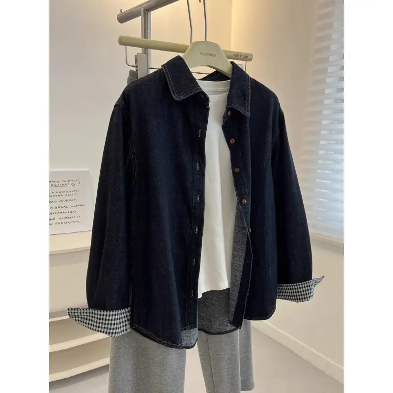 Japanese Style Vintage Dark Blue Laps Long-sleeved Denim Shirt Women's Loose 2025 Spring and Autumn Thin Coat Tops for Students