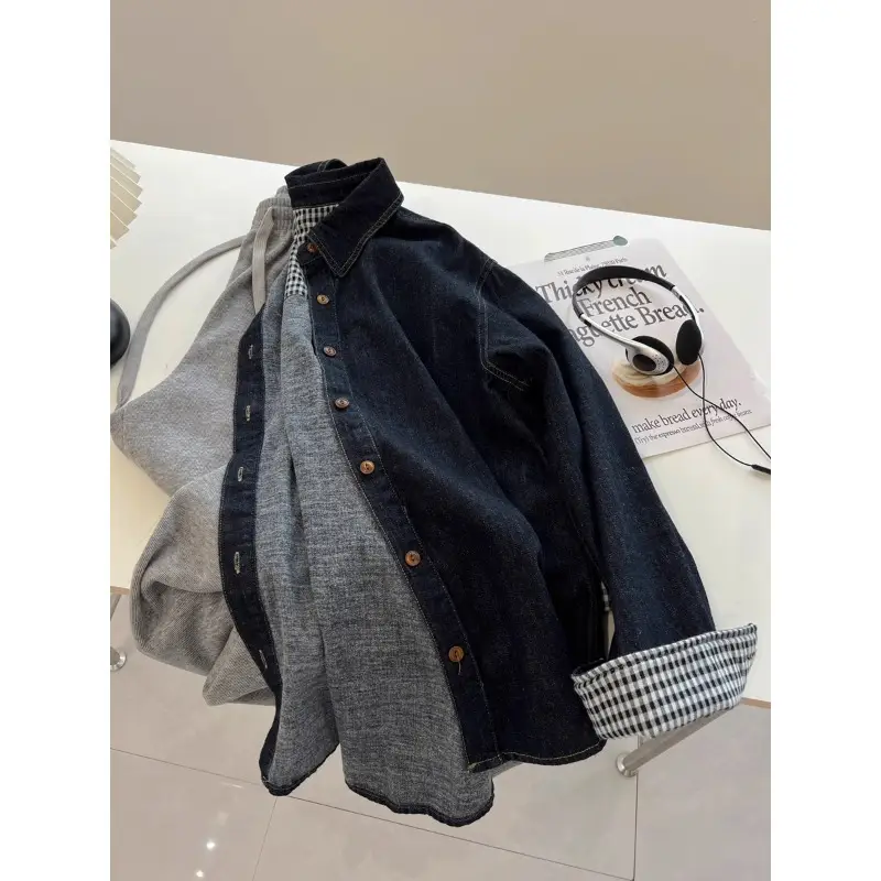 Japanese Style Vintage Dark Blue Laps Long-sleeved Denim Shirt Women's Loose 2025 Spring and Autumn Thin Coat Tops for Students