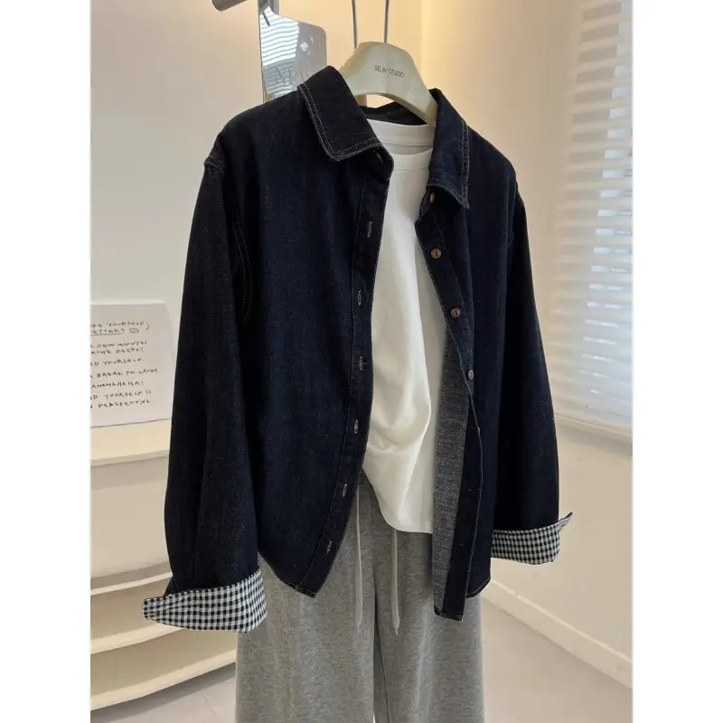 Japanese Style Vintage Dark Blue Laps Long-sleeved Denim Shirt Women's Loose 2025 Spring and Autumn Thin Coat Tops for Students — feature 1