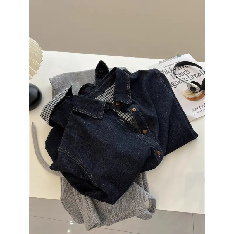 Japanese Style Vintage Dark Blue Laps Long-sleeved Denim Shirt Women's Loose 2025 Spring and Autumn Thin Coat Tops for Students — feature 3