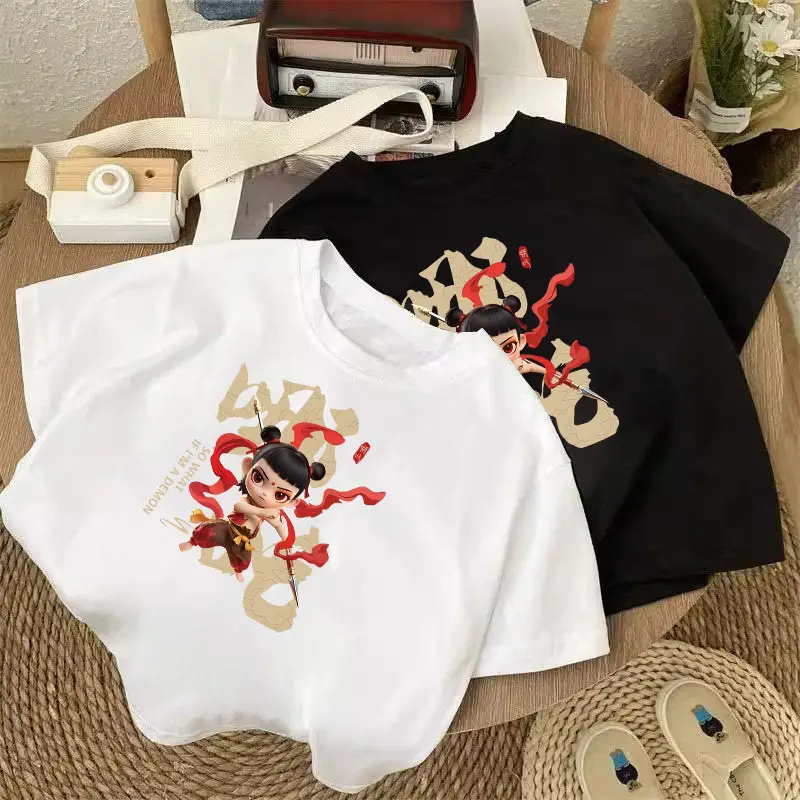 100 Cotton Cartoon T-shirt for Boys Girls White Short Sleeve - Image 3