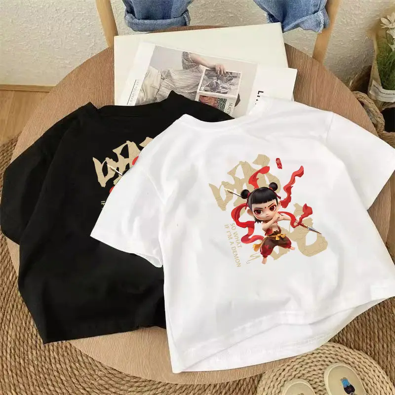 100 Cotton Cartoon T-shirt for Boys Girls White Short Sleeve - Image 4