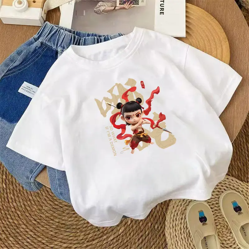 100 Cotton Cartoon T-shirt for Boys Girls White Short Sleeve - Image 5