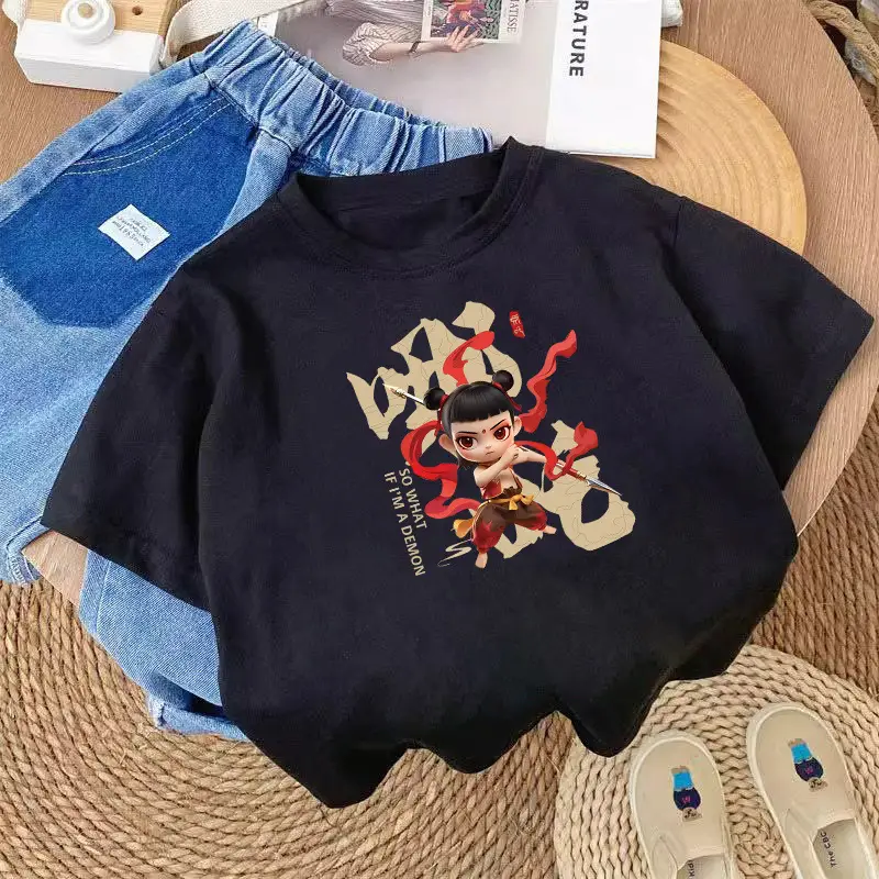 100 Cotton Cartoon T-shirt for Boys Girls White Short Sleeve - Image 2