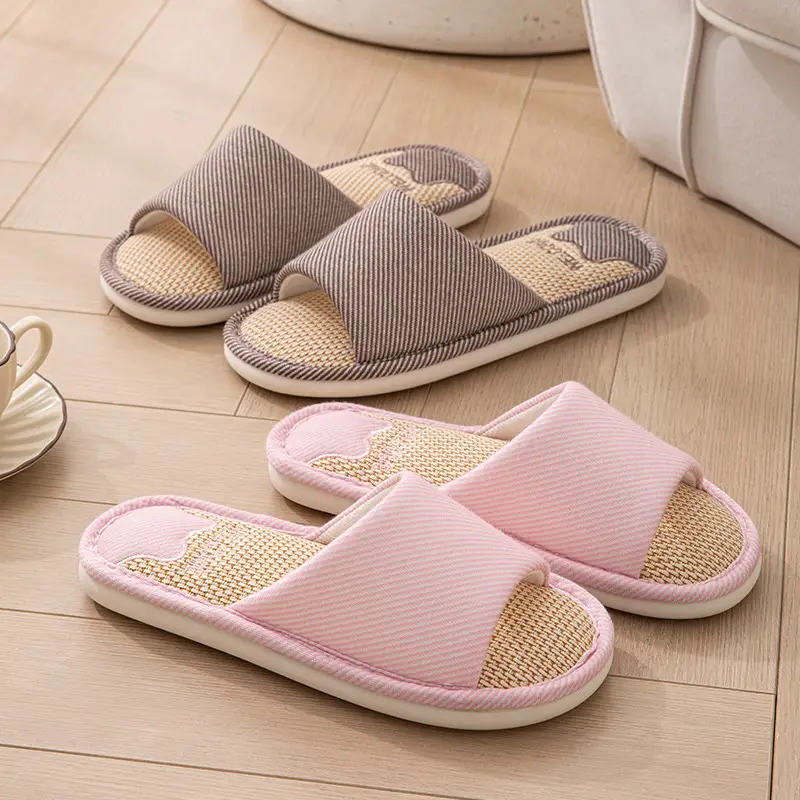 Mute linen slippers women's four seasons home indoor non-slip deodorant sweat absorbent breathable cotton linen slippers men's spring and autumn