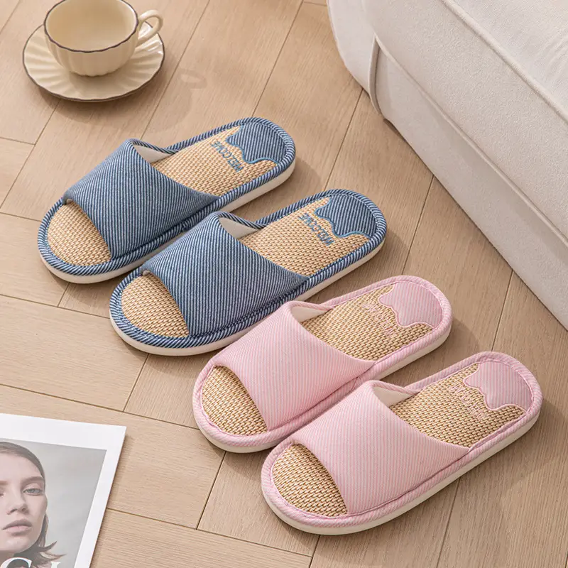 Mute linen slippers women's four seasons home indoor non-slip deodorant sweat absorbent breathable cotton linen slippers men's spring and autumn