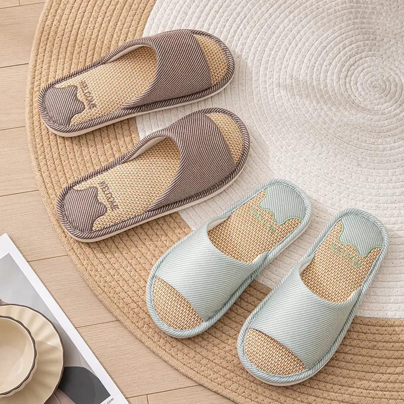 Mute linen slippers women's four seasons home indoor non-slip deodorant sweat absorbent breathable cotton linen slippers men's spring and autumn