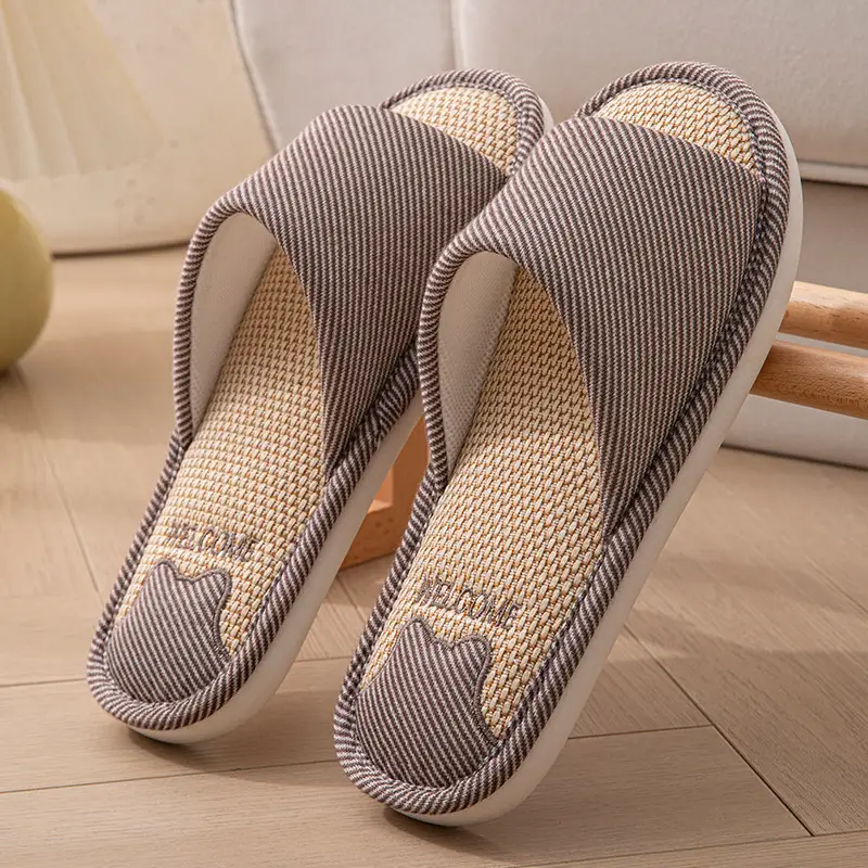 Mute linen slippers women's four seasons home indoor non-slip deodorant sweat absorbent breathable cotton linen slippers men's spring and autumn