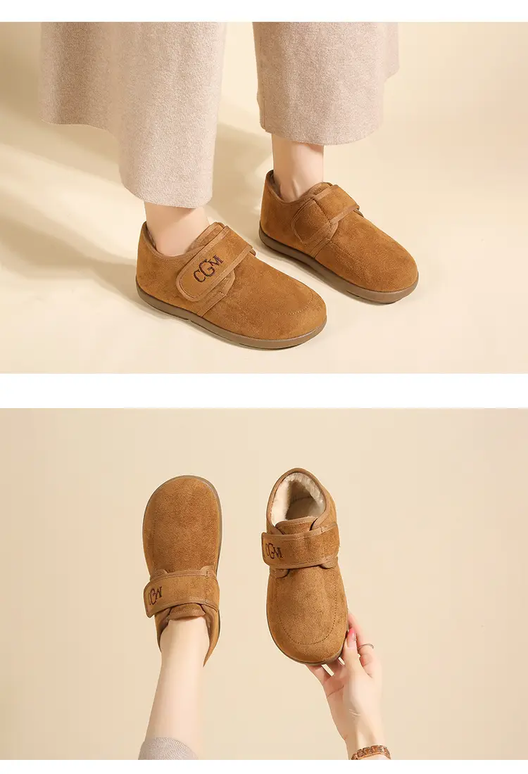 Women's Winter High-Heeled Cotton Shoes, Flat Heel, Round Toe, Fashionable and Casual, with Velcro, Fleece-Lined, Thickened, Soft Sole — feature 12