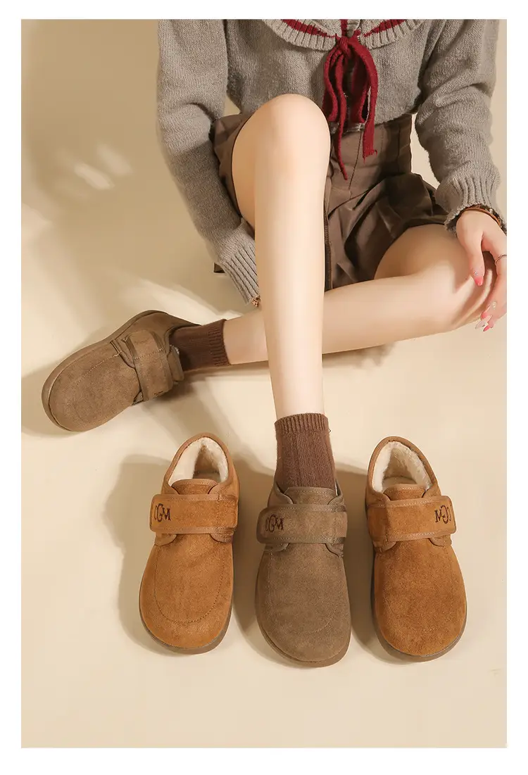 Women's Winter High-Heeled Cotton Shoes, Flat Heel, Round Toe, Fashionable and Casual, with Velcro, Fleece-Lined, Thickened, Soft Sole — feature 4
