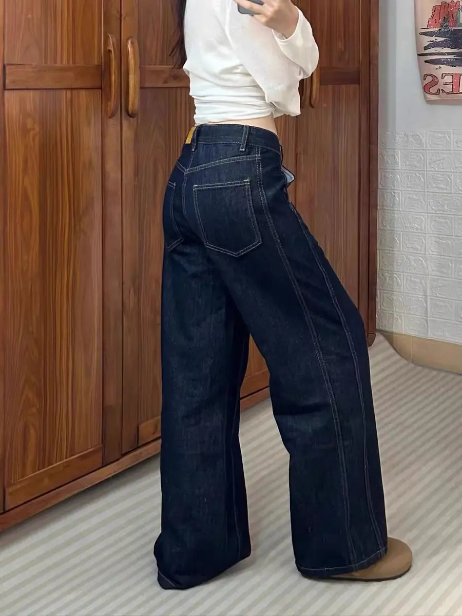 Dark Blue Wide Leg Jeans for Women High Waist Loose Fit