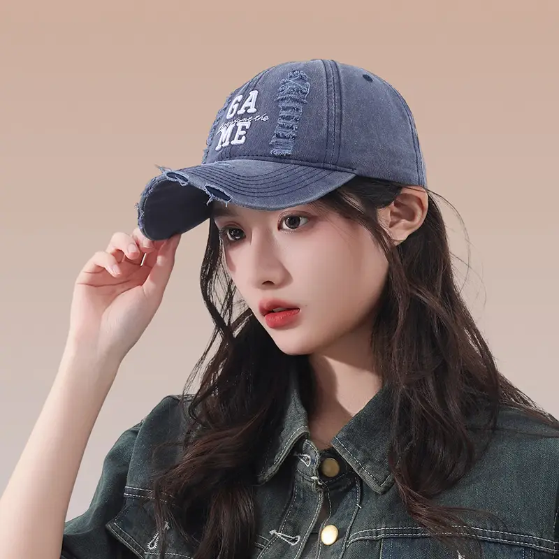 Women Blue Embroidered Baseball Cap with Wide Brim - Image 5