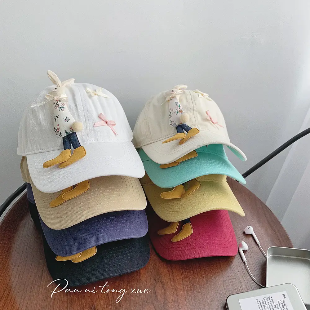 Children's Cartoon Rabbit Cap Blue Beige Bow Cap - Image 11