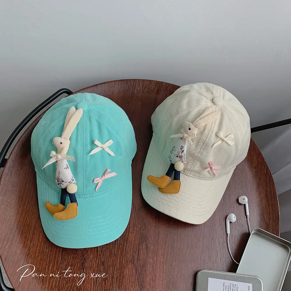 Children's Cartoon Rabbit Cap Blue Beige Bow Cap - Image 12