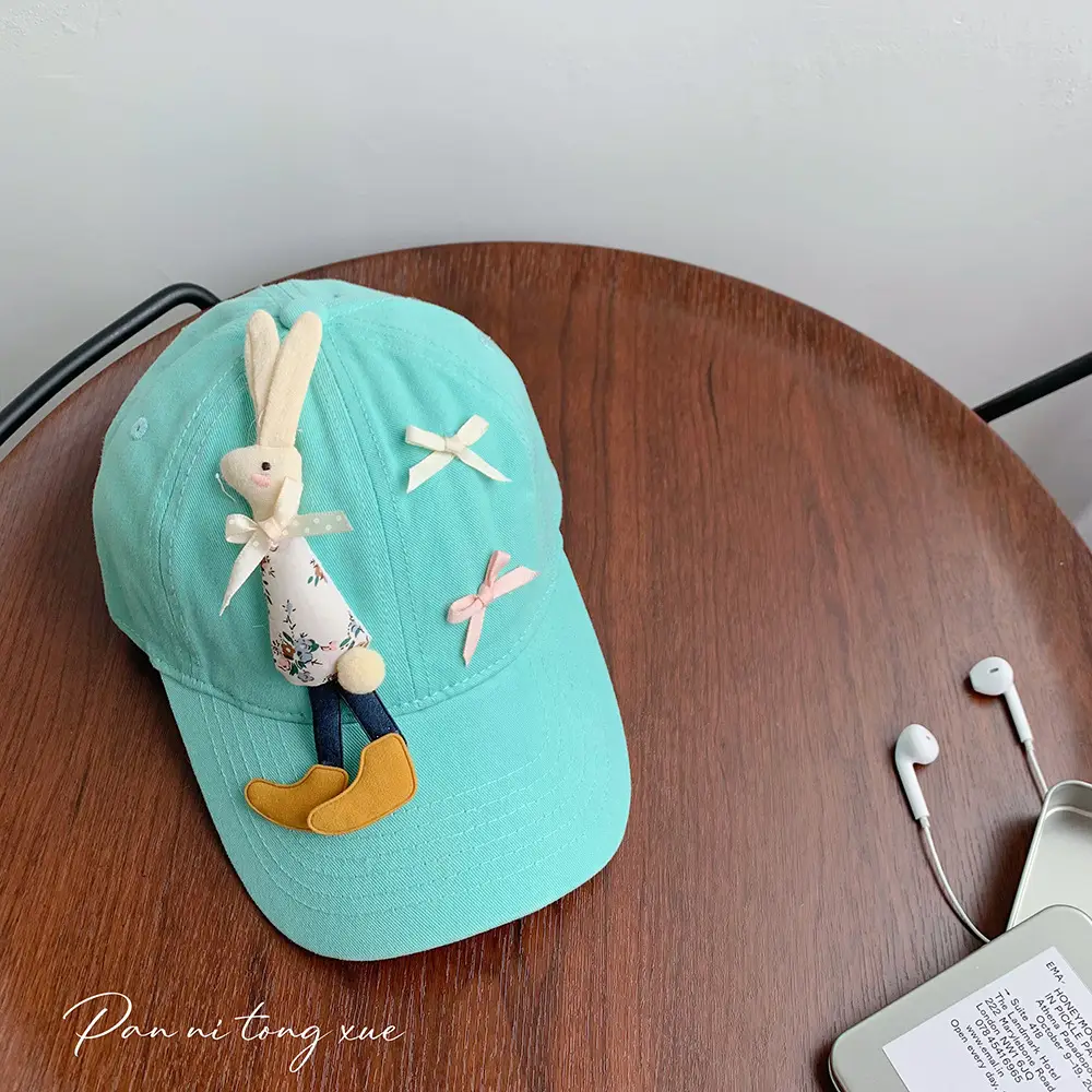 Children's Cartoon Rabbit Cap Blue Beige Bow Cap - Image 2