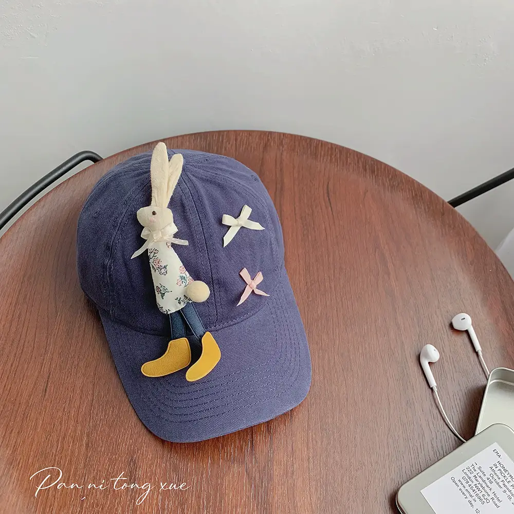 Children's Cartoon Rabbit Cap Blue Beige Bow Cap - Image 3