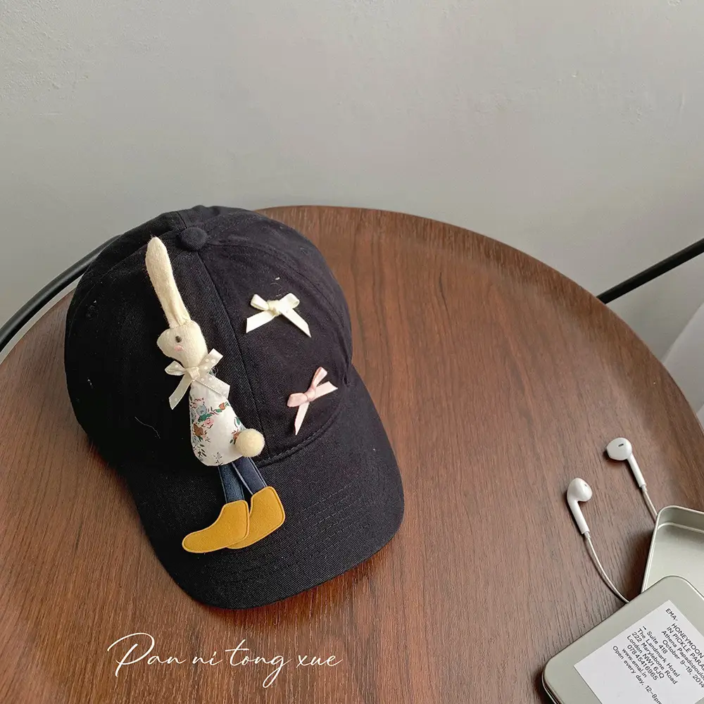 Children's Cartoon Rabbit Cap Blue Beige Bow Cap - Image 4