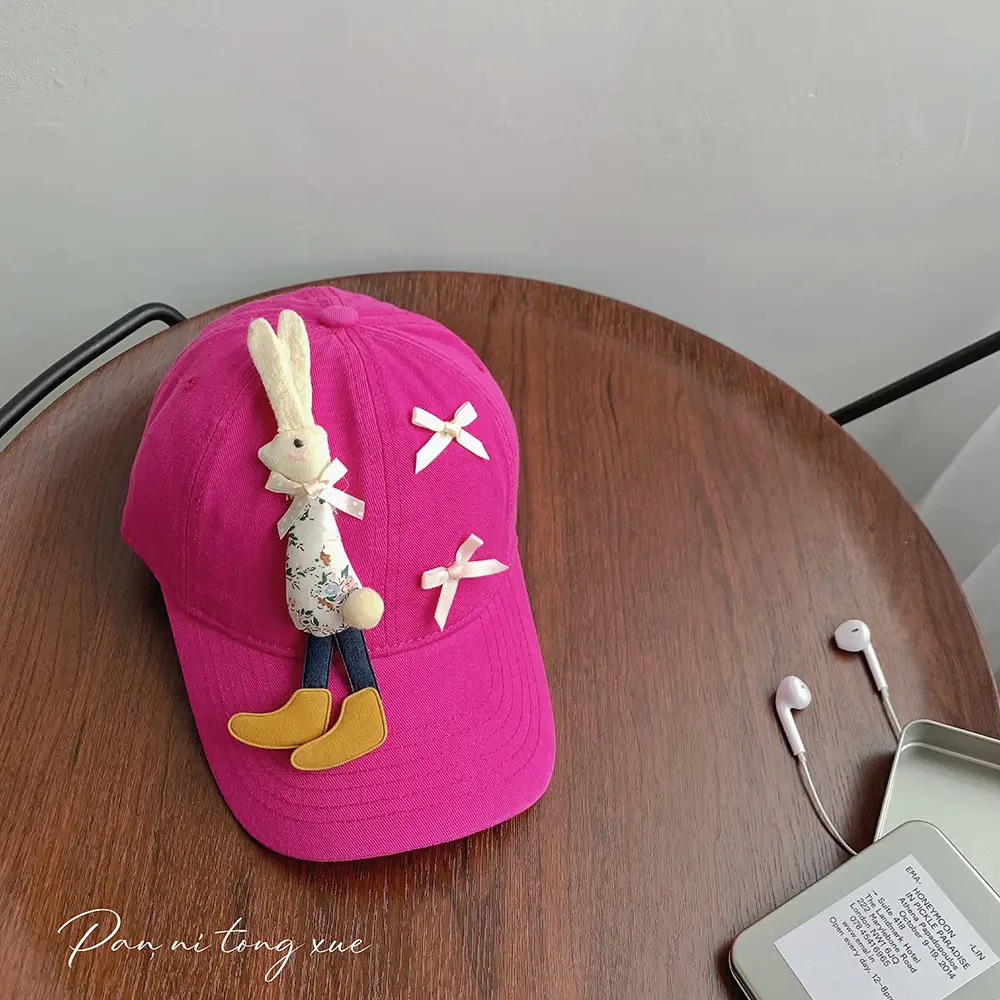 Children's Cartoon Rabbit Cap Blue Beige Bow Cap - Image 5