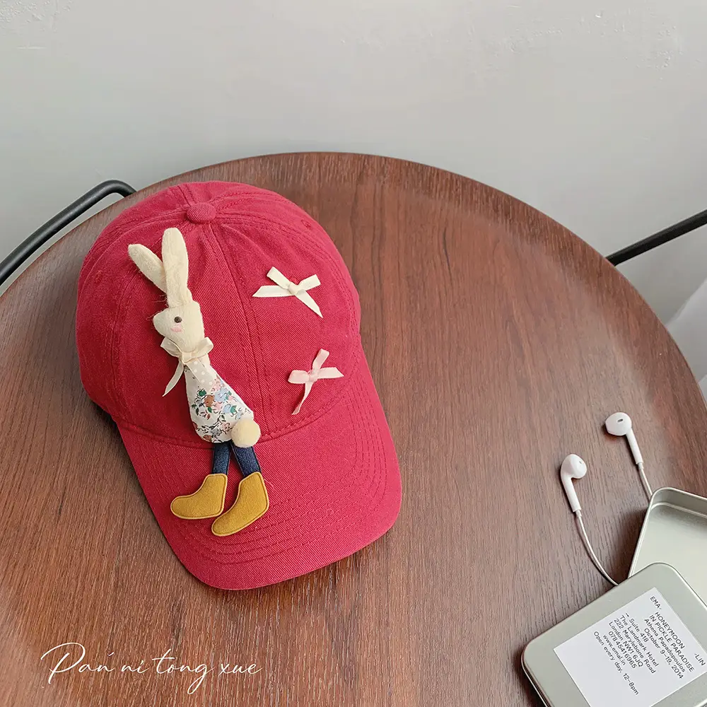 Children's Cartoon Rabbit Cap Blue Beige Bow Cap - Image 6
