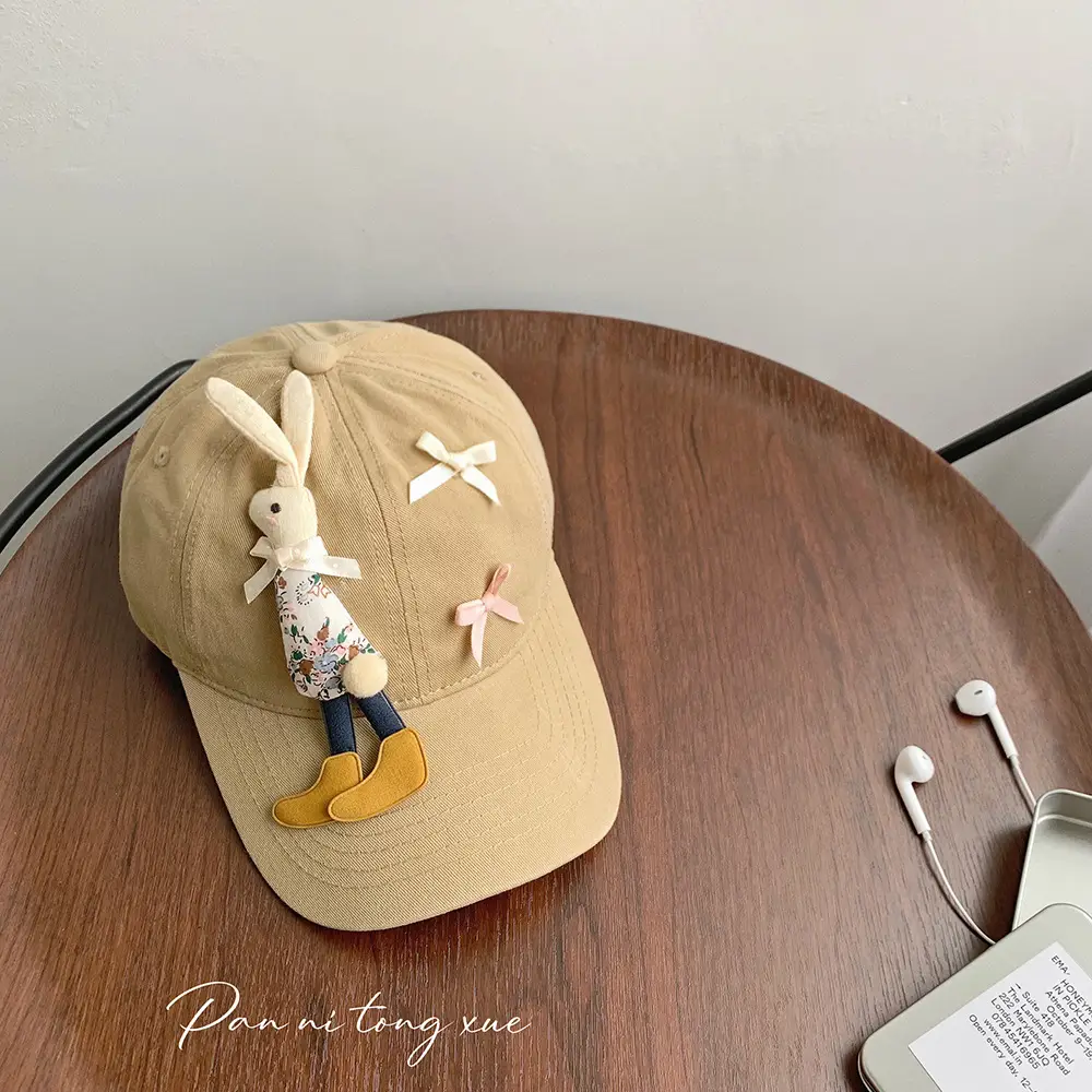 Children's Cartoon Rabbit Cap Blue Beige Bow Cap - Image 7