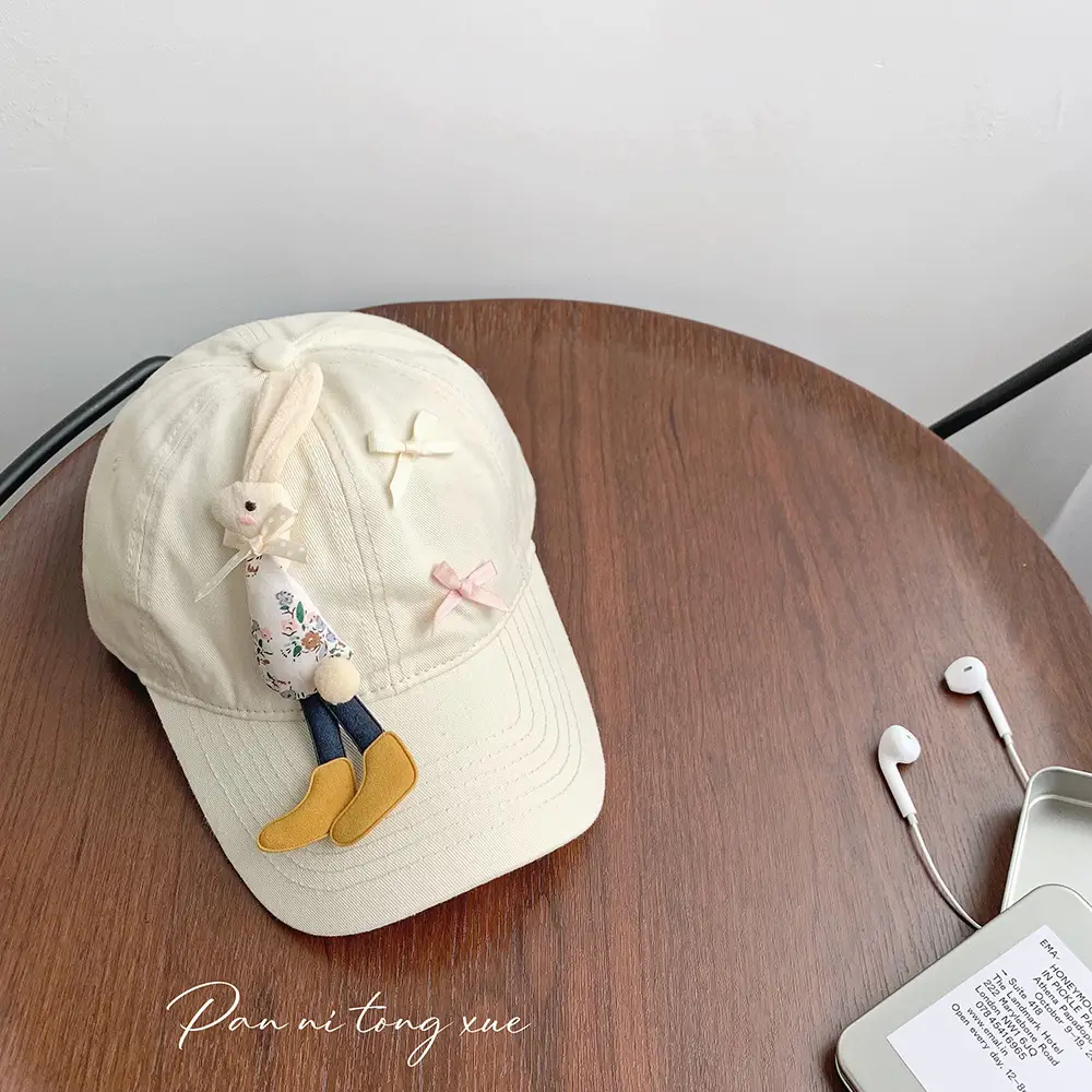 Children's Cartoon Rabbit Cap Blue Beige Bow Cap - Image 8