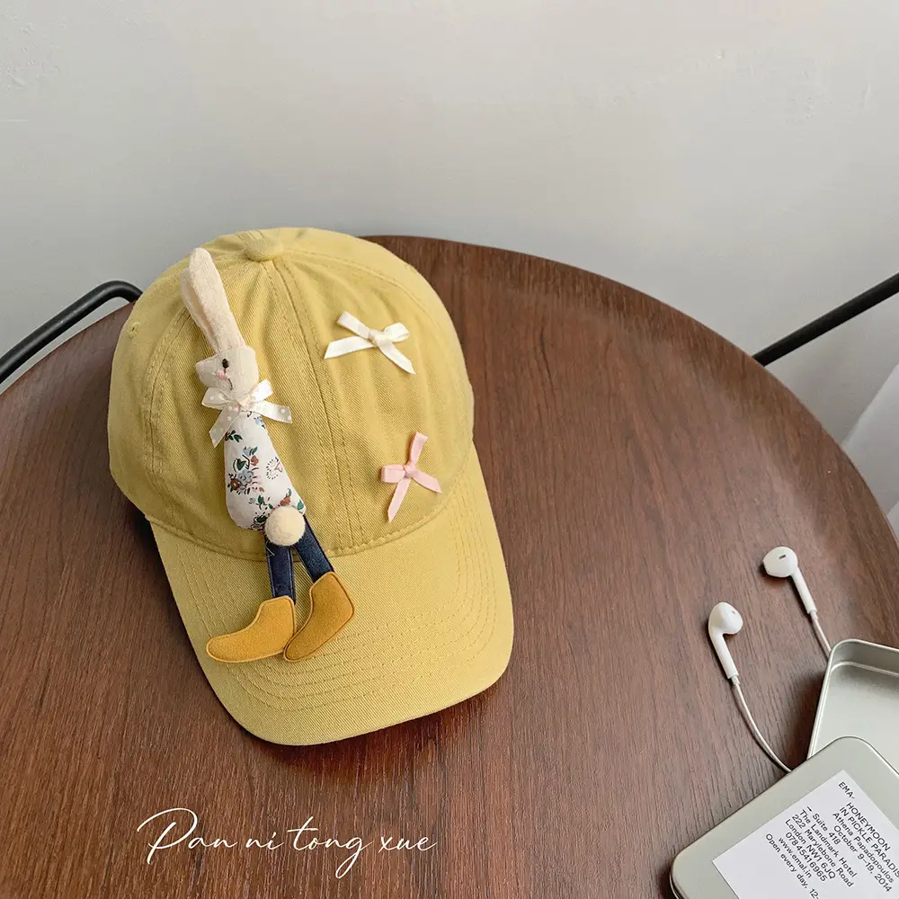 Children's Cartoon Rabbit Cap Blue Beige Bow Cap - Image 9